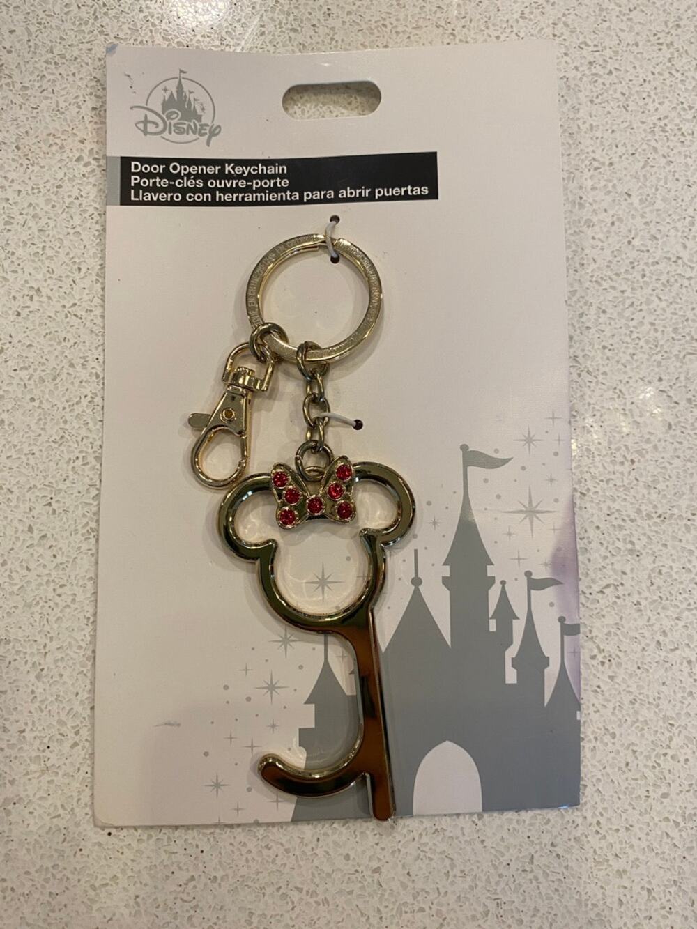 Disney Parks Minnie Mouse Door Opener Keychain Gold Red Bow New on Card